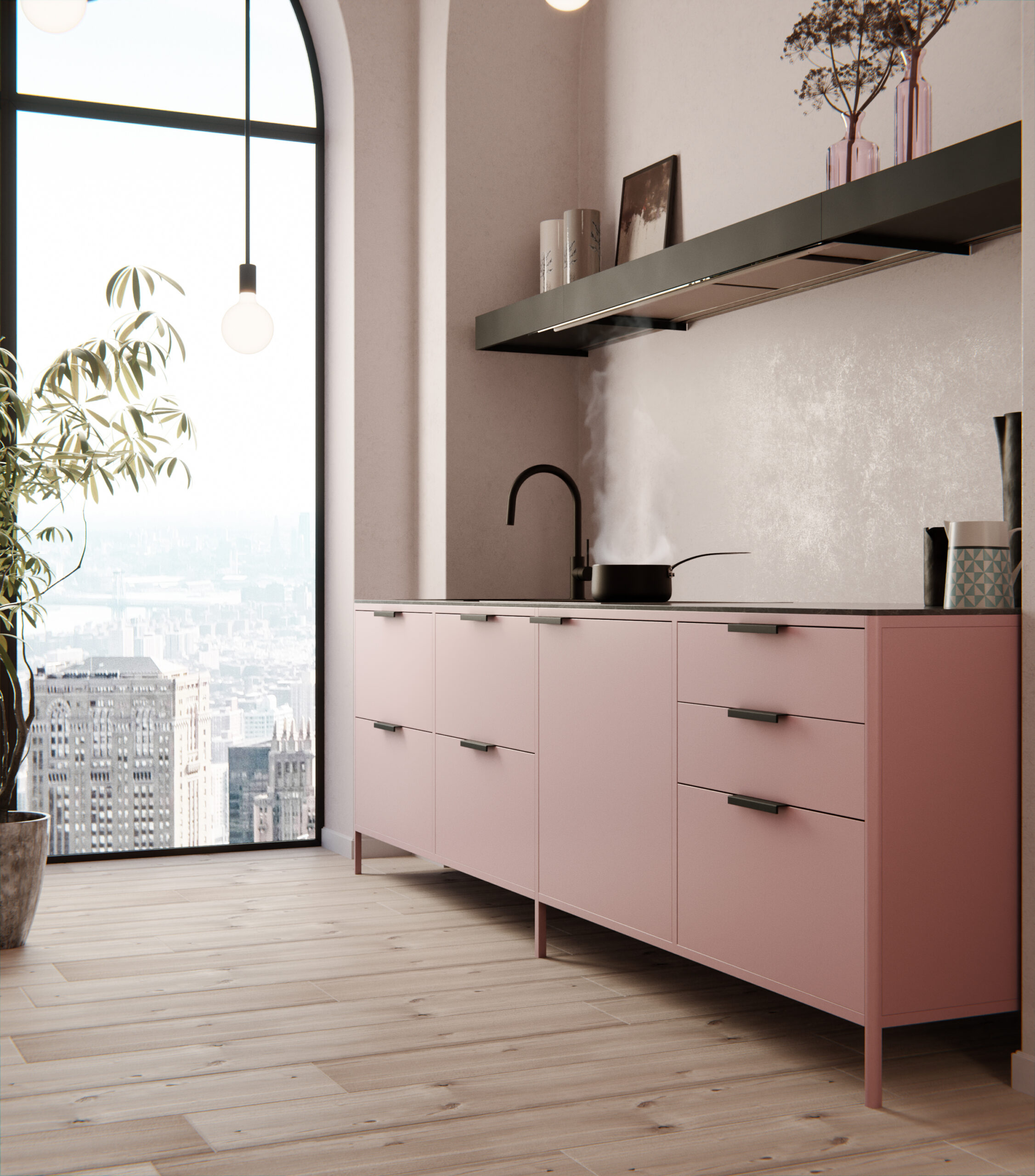 Cucina rosa con cappa integrata realizzata in CGI